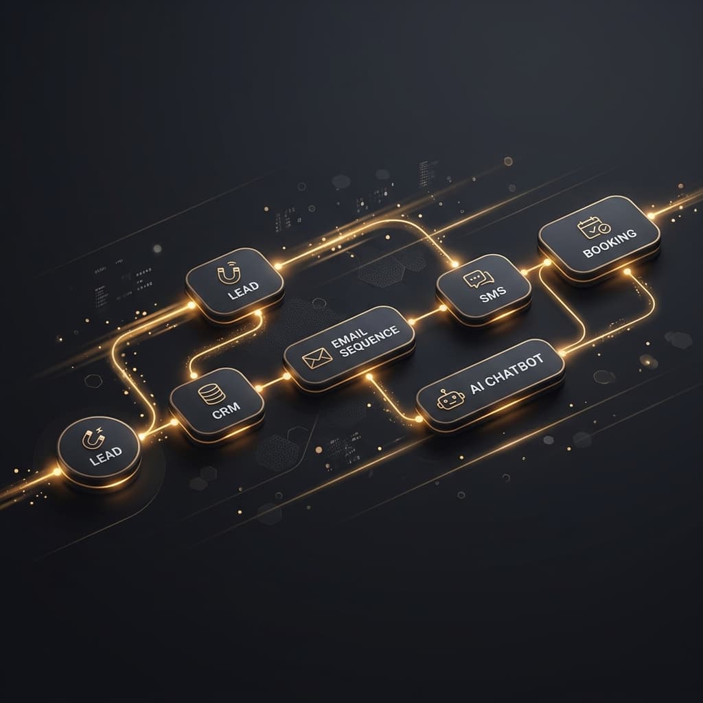 Automation workflow diagram showing lead capture through CRM pipeline to booking